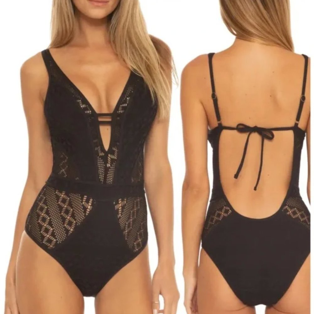 New BECCA One-Piece Crochet Plunge V-Neck Swimsuit Black size Medium